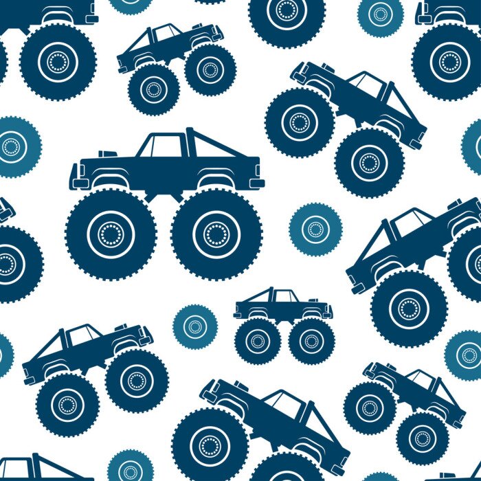 Tapete Nahtloses Muster. Monster Truck Vektorzeichnung. Isoliertes Objekt auf weißem Hintergrund. Textur