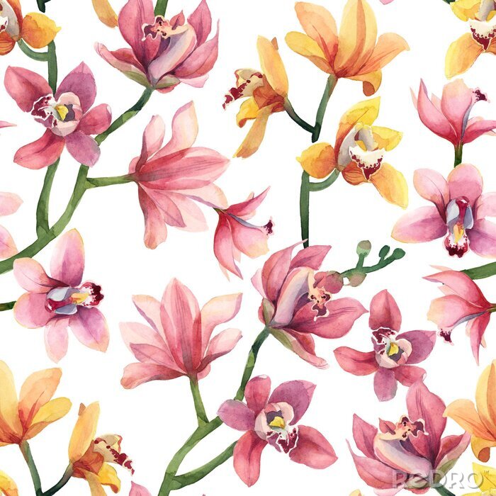 Tapete Nahtloses Muster von gelben Rosenorchideenblumen und -blättern lokalisiert auf weißem Hintergrund