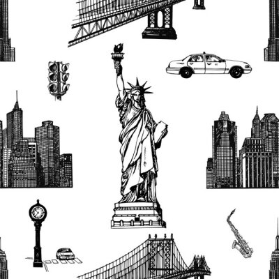 Tapete Nahtloses Muster von Hand gezeichneten Skizzenart New York themenorientierte lokalisierte Gegenstände. Vektor-Illustration.