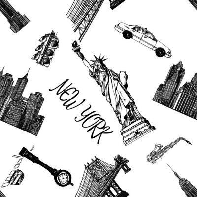 Nahtloses Muster von Hand gezeichneten Skizzenart New York themenorientierte lokalisierte Gegenstände. Vektor-Illustration.