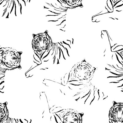 Tapete Nahtloses Muster von Hand gezeichneten Skizzenarttigern. Vektorillustration lokalisiert auf weißem Hintergrund.