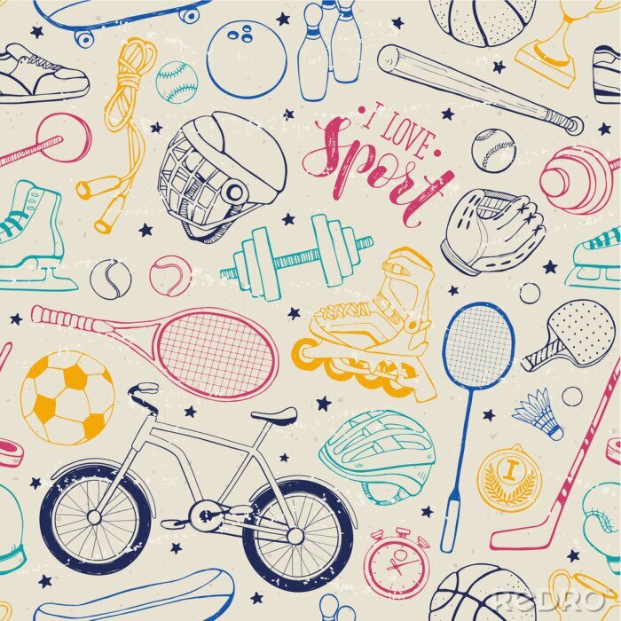 Tapete Nahtloses Muster von Sportgeräten im Doodle-Stil. Vektorillustration. Hand gezeichnete Sportzubehör auf Weinlesehintergrund