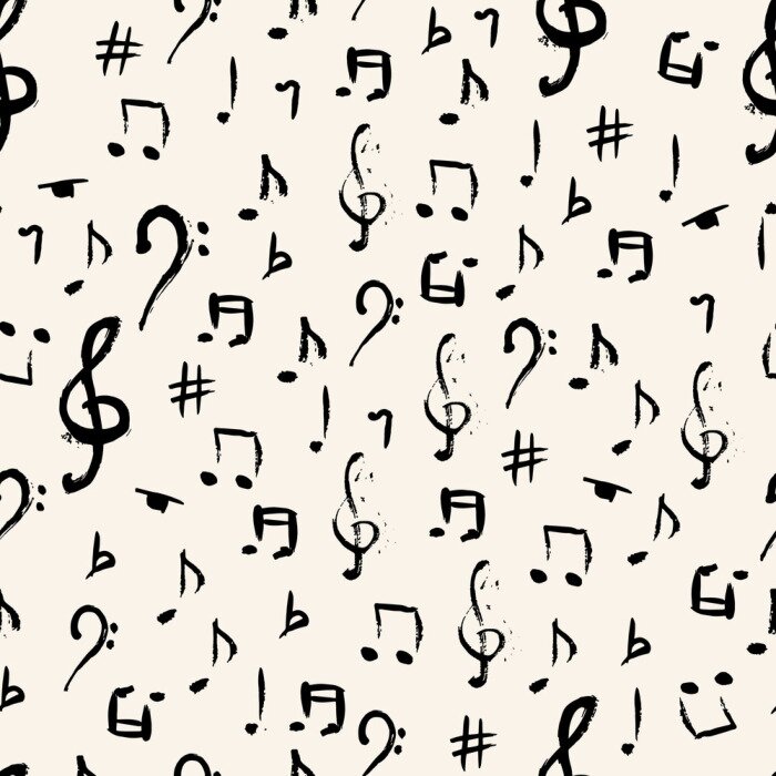 Tapete Nahtloses Musterdesign mit handgezeichneten Noten. Vektorillustration. Für Druck, digitales Papier, Textil, Stoff, handgezeichnete Texturen