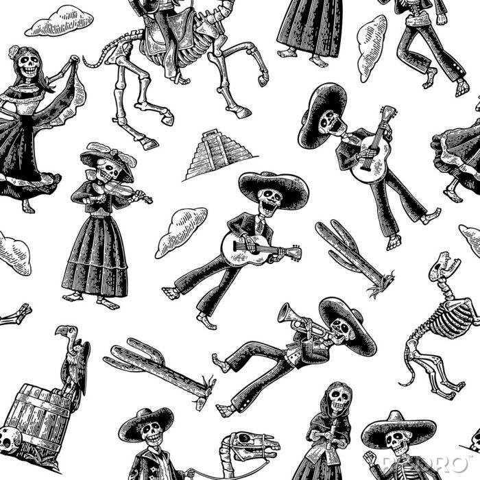 Tapete Nahtloses Musterskelett in mexikanischen Trachten. Vintage Vektor schwarze Gravur