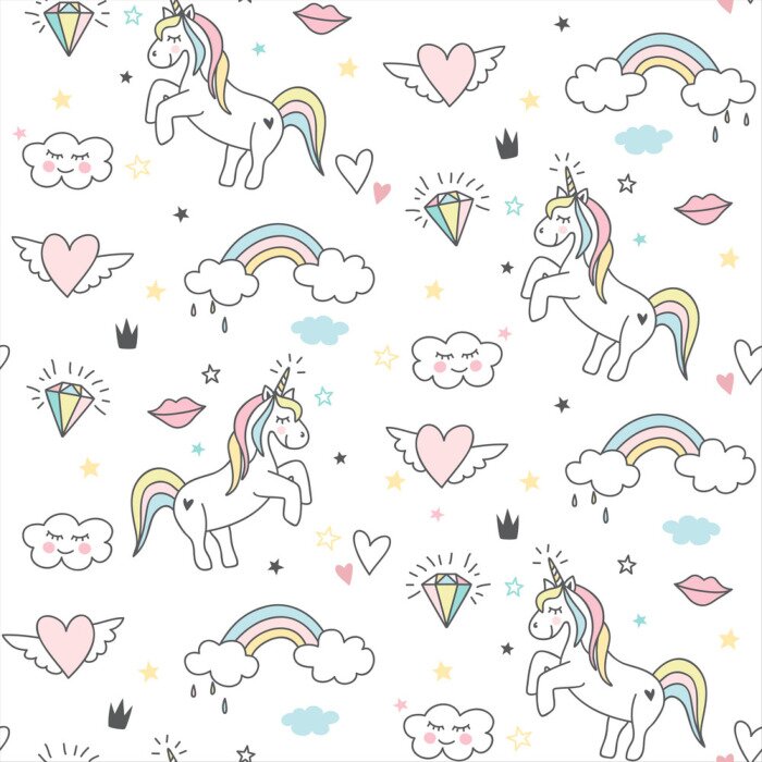 Tapete Nahtloses niedliches Einhornmuster mit Sternen, Regenbogen, Wolken und Herzen. Magischer Babyhintergrund