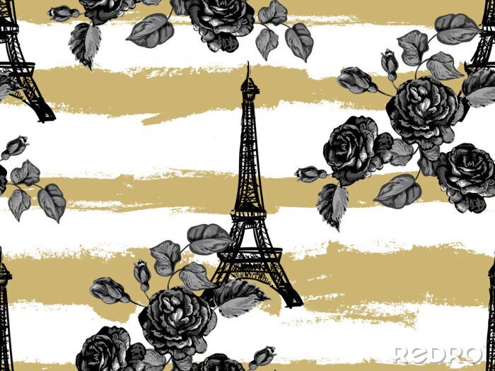 Tapete Nahtloses Paris-Muster mit Eiffelturm und Rosen blüht. Französischer Vektorhintergrund. Perfekt für Tapeten, Webseiten, Oberflächenstrukturen, Textilien, Einladungen, Kleidung, Karten, Designs Produkt