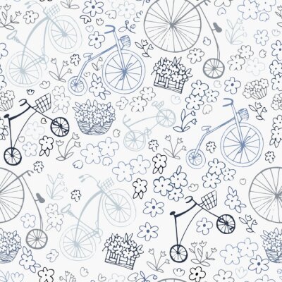 Tapete Nahtloses Retro-Muster mit Fahrrädern und Blumen. Vektorillustration. Design von Textilien, Verpackung