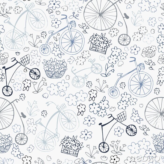 Tapete Nahtloses Retro-Muster mit Fahrrädern und Blumen. Vektorillustration. Design von Textilien, Verpackung