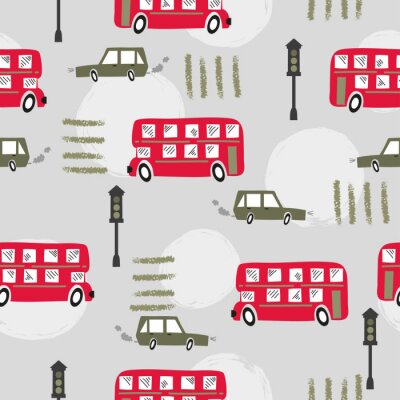 Nahtloses Straßenmuster mit rotem Londoner Bus und Auto der Karikatur. Baby Print