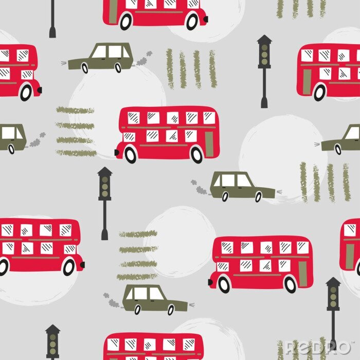 Tapete Nahtloses Straßenmuster mit rotem Londoner Bus und Auto der Karikatur. Baby Print