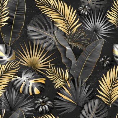 Tapete Nahtloses tropisches Muster. Lässt Palmenillustration. Gold, grau, schwarz lebt