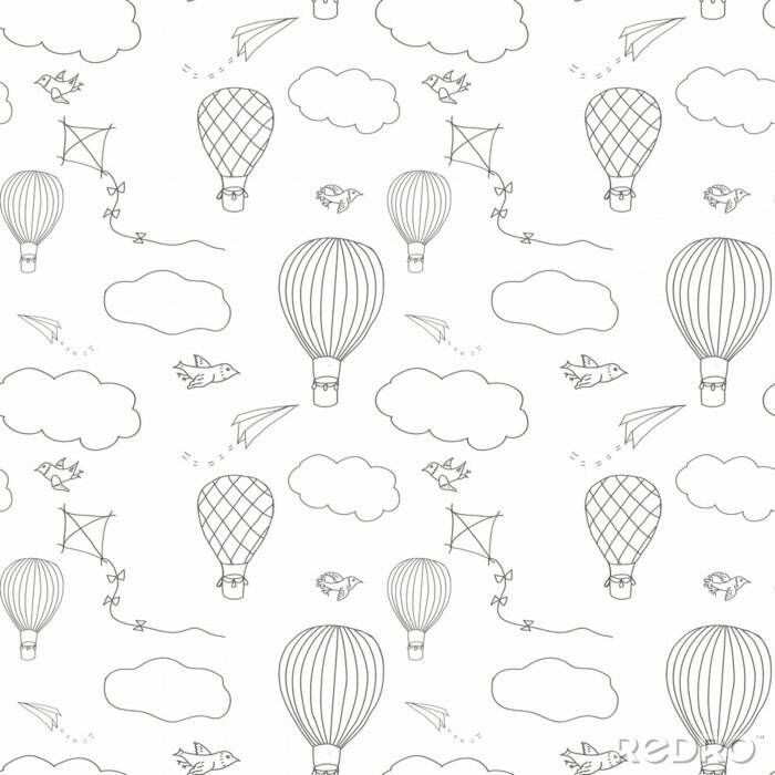 Tapete Nahtloses Vektormuster, Hand gezeichnete Heißluft baloons, die in den blauen Himmel, in das Muster für Hintergründe, Packpapier, Gewebe und andere Designe fliegen