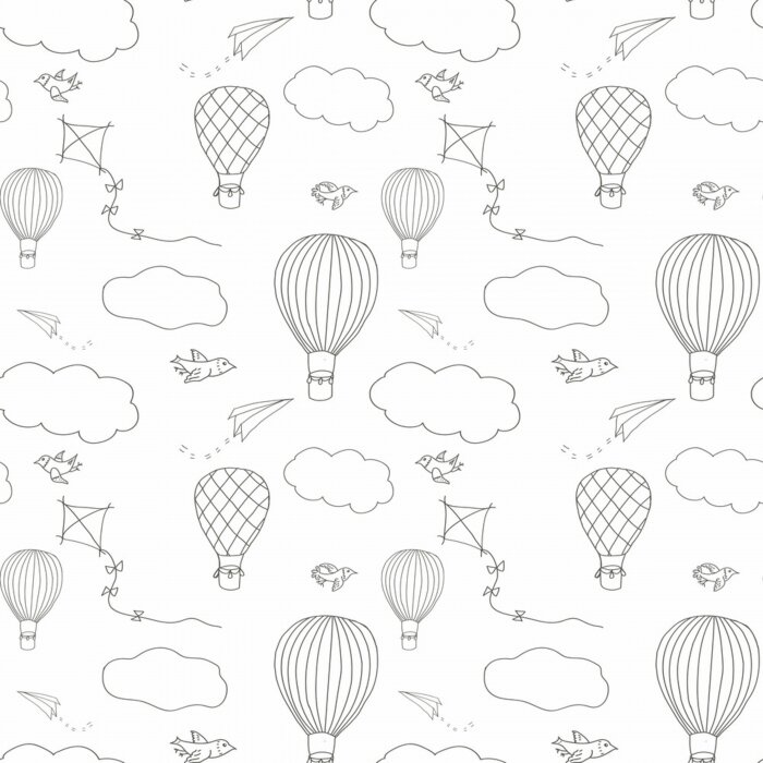 Tapete Nahtloses Vektormuster, Hand gezeichnete Heißluft baloons, die in den blauen Himmel, in das Muster für Hintergründe, Packpapier, Gewebe und andere Designe fliegen