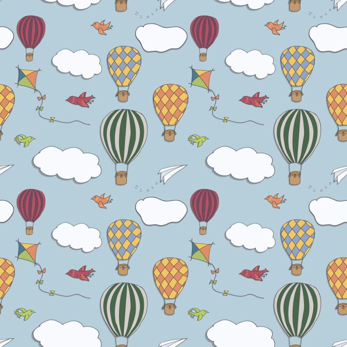 Tapete Nahtloses Vektormuster, Hand gezeichnete Heißluft baloons, die in den blauen Himmel, in das Muster für Hintergründe, Packpapier, Gewebe und andere Designe fliegen