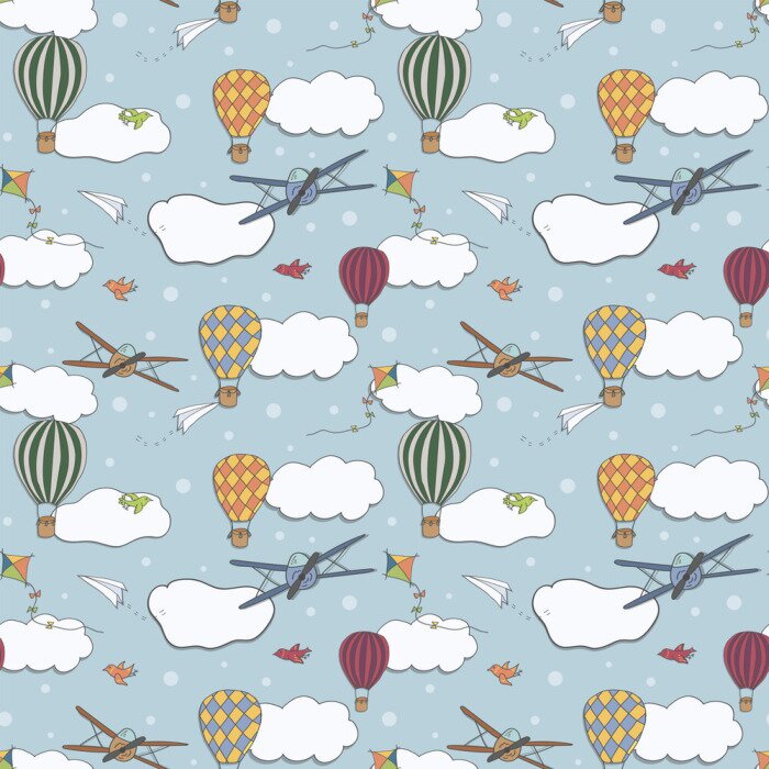 Tapete Nahtloses Vektormuster, Hand gezeichnete Heißluft baloons, die in den blauen Himmel, in das Muster für Hintergründe, Packpapier, Gewebe und andere Designe fliegen