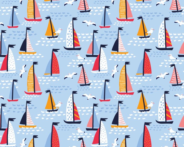 Tapete Nahtloses Vektormuster mit Hand gezeichneten Segelyachten und Seemöwen. Heller Hintergrund des Sommers für Gewebedesign.