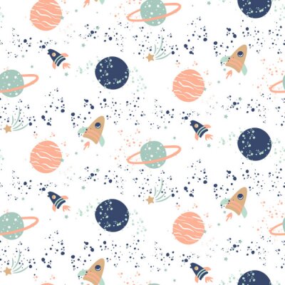 Tapete Nahtloses Vektormuster mit Planeten und Raumschiffen.
