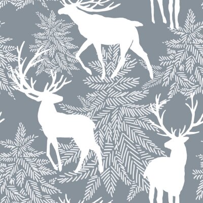 Tapeten Nahtloses Weihnachtsmuster mit Hirschen. Aquarell Winterwald Illustration