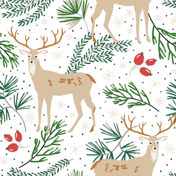 Tapete Nahtloses Weihnachtsmuster, weißer Hintergrund. Waldhirschtiere, grüne Kiefernzweige, Beeren, Schnee. Vektorillustration. Naturdesign. Saisongruß digitales Papier. Winterweihnachtsferien