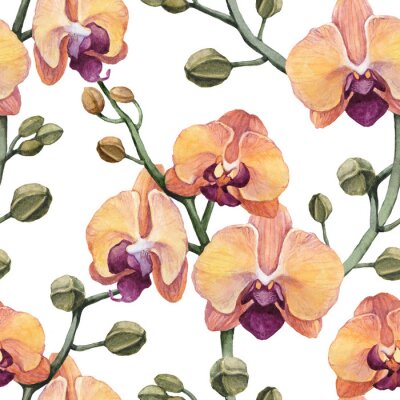 Tapete Nahtloses Weinlesemuster mit Aquarellorchideenblumen