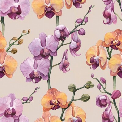 Tapete Nahtloses Weinlesemuster mit Aquarellorchideenblumen