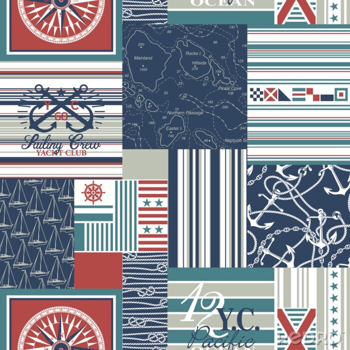 Tapete Nautical and sailing elements patchwork vector seamless pattern wallpaper