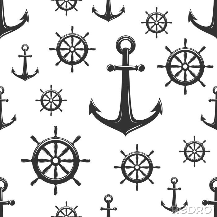 Tapete Nautical seamless pattern with black helms and anchors on white.