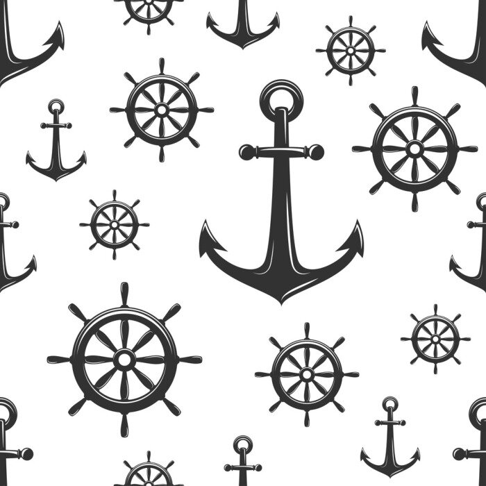 Tapete Nautical seamless pattern with black helms and anchors on white.