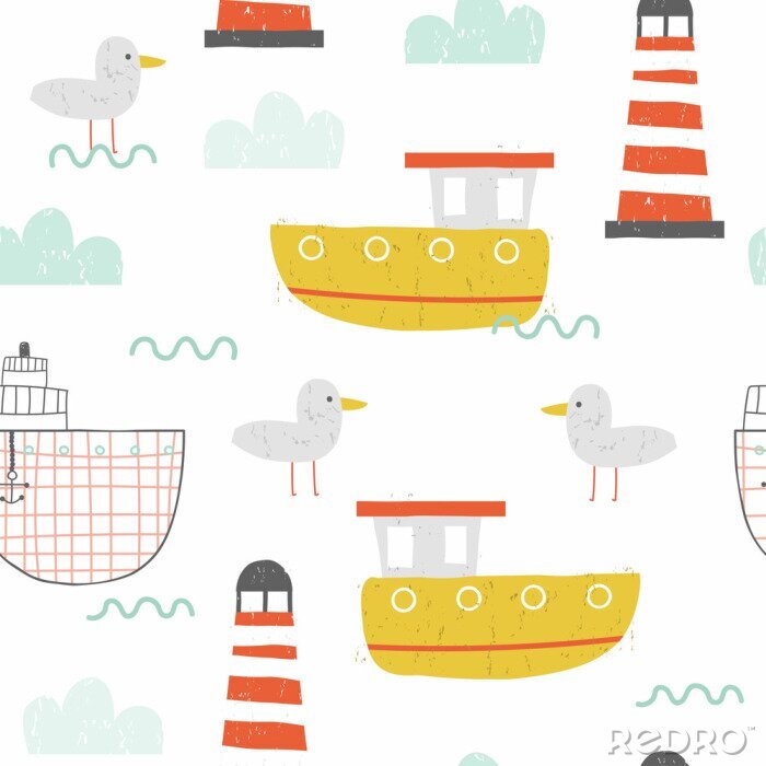 Tapete Nautical seamless pattern with ships and lighthouse. Kids hand drawn print. Vector illustration.