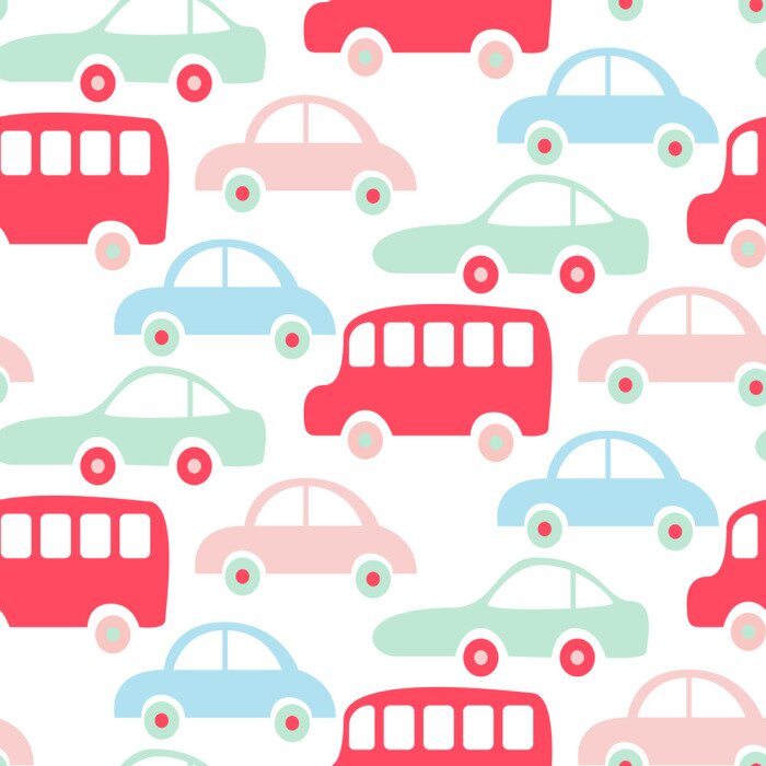 Tapete Nette bunte Busse und nahtlose Mustertapete der Autos.