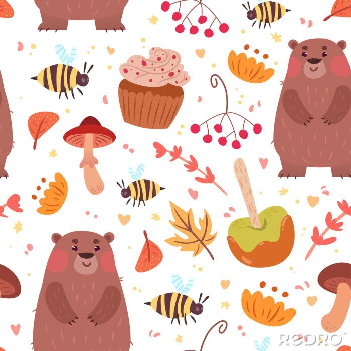 Tapete Nette Herbst nahtlose Muster mit Essen und Bären