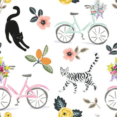 Tapete Nette Katzen, Fahrräder und Blumenelemente, weißer Hintergrund. Vektor nahtloses Muster. Haustiere und Blumen. Naturdruck. Digitale Illustration mit Tieren