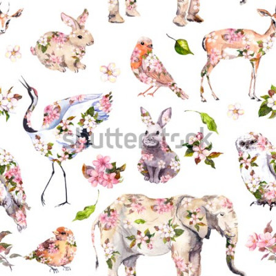 Tapete Nette Tiere in den rosa Frühlingsblumen. Nahtlose Blümchenmuster. Weibliches, mädchenhaftes Aquarell