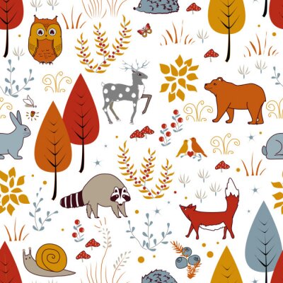 Tapete Nette Vektor nahtlose Muster mit Wald Pflanzen, Vögel, Bären, Hirsche, Waschbären und Fuchs. Kinder Herbst Hintergrund
