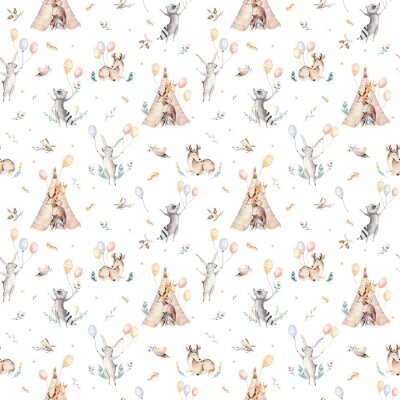 Tapete Netter Familienbaby Raccon, Rotwild und Häschen. Tierkindergartengiraffe und Bär lokalisierten Illustration. Aquarell boho Raccon Zeichnung Kinderzimmer nahtlose Muster. Kinder Hintergrund, Kindergart
