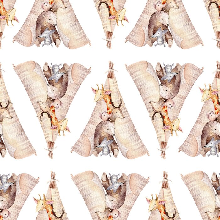 Tapete Netter Familienbaby Raccon, Rotwild und Häschen. Tierkindergartengiraffe und Bär lokalisierten Illustration. Aquarell boho Raccon Zeichnung Kinderzimmer nahtlose Muster. Kinder Hintergrund, Kindergart