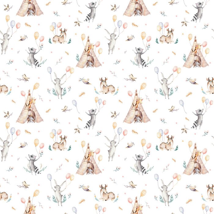 Tapete Netter Familienbaby Raccon, Rotwild und Häschen. Tierkindergartengiraffe und Bär lokalisierten Illustration. Aquarell boho Raccon Zeichnung Kinderzimmer nahtlose Muster. Kinder Hintergrund, Kindergart