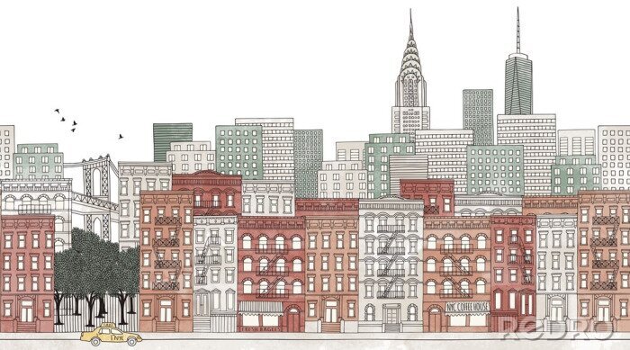 Tapete New York City - nahtlose Banner der Skyline von New York, handgezeichnete und digital farbige Tinte Illustration