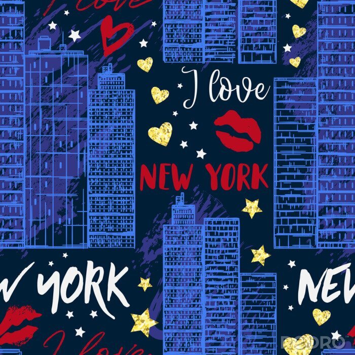 Tapete New York. Nahtloses Muster mit Wolkenkratzern, Küssen, Herzen und Sternen mit goldener Funkelnfoliebeschaffenheit. Vektor-Illustration