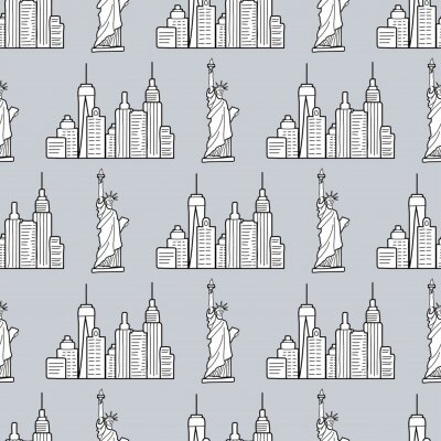 Tapete New york pattern with the USA symbols. The Statue of liberty and city buildings line drawing. Seamless background. Urban sketch. Vector