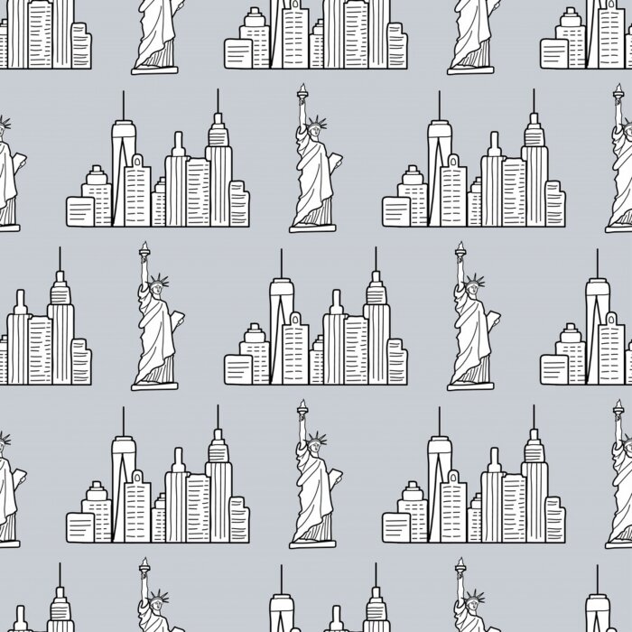 Tapete New york pattern with the USA symbols. The Statue of liberty and city buildings line drawing. Seamless background. Urban sketch. Vector