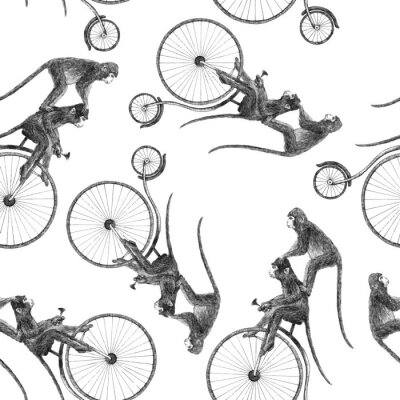 Tapete Niedliche Affen auf Fahrrädern schwarz-weißes Muster