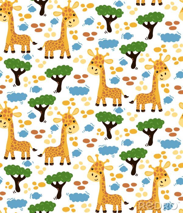 Tapete Niedliche Giraffen unter den Bäumen, Kindermuster