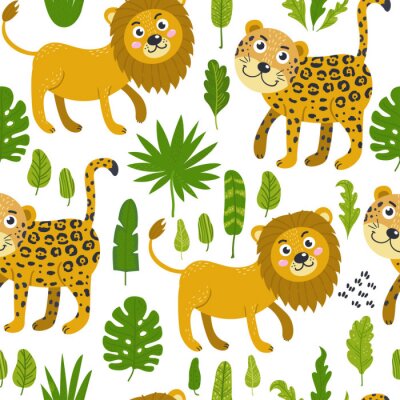 Tapete Niedliche Löwen und Leoparden zwischen grünen Blättern