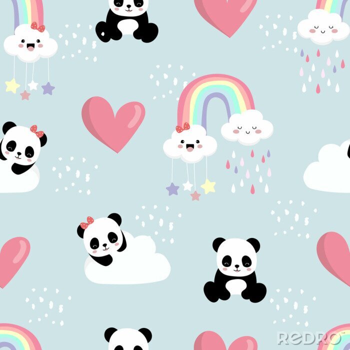 Tapete Niedliche Pandas in den Wolken zwischen den Herzen