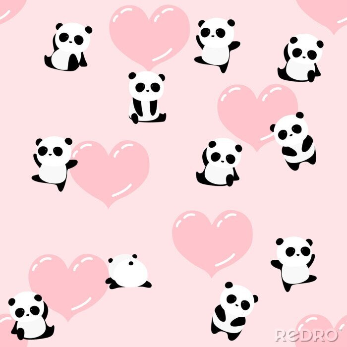 Tapete Niedliche Pandas und Herzen auf rosa Hintergrund