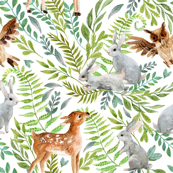 Tapete Niedliche Tiere vor dem Hintergrund der Blätter