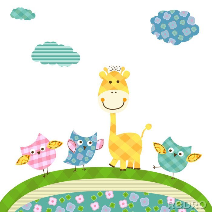 Tapete niedlichen Eulen und Giraffe