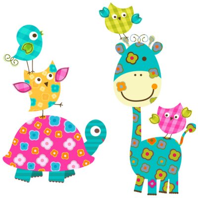 niedlichen Vögeln, Giraffe und Schildkröte