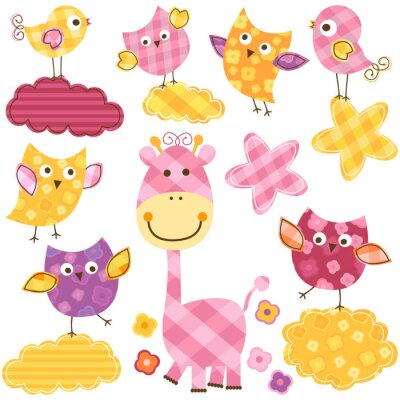 niedlichen Vögeln und Giraffen